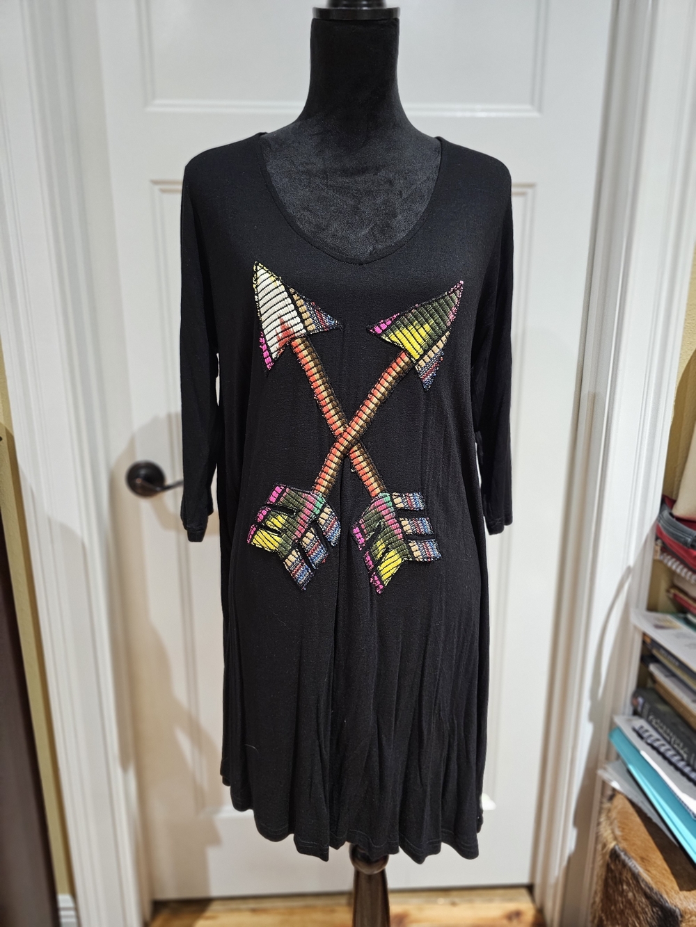 Judith March Black V-Neck Tunic with Neon Crossed Arrow Motif